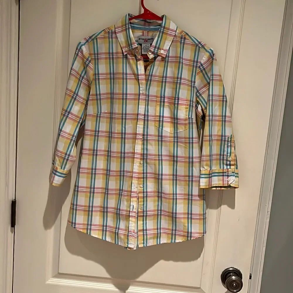 George and Martha plaid button down 3/4 sleeve shirt size small